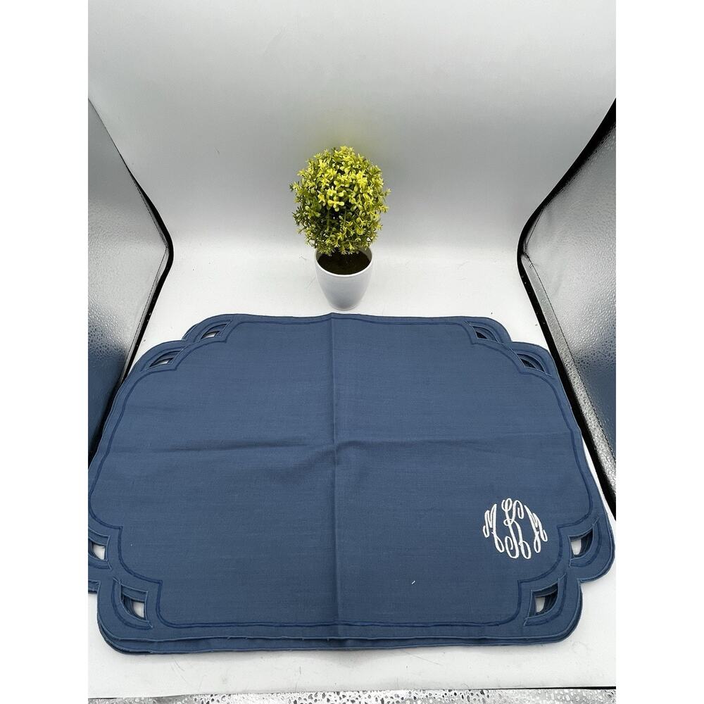 Monogram Linen Placemat Set of 6 Blue Cutwork Scalloped Border Script Initial MS